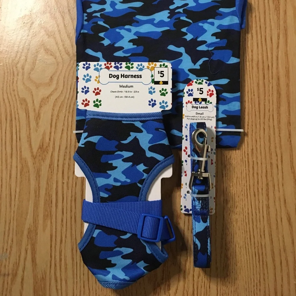 New Bundle of 3 Doggie Camo Harness 16.5”-23” Leash 48” Long & T-shirt 12”x16”